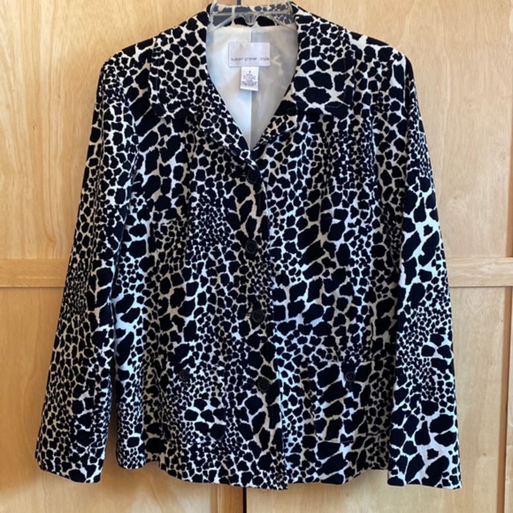 Susan‎ Graver Style Black & White Leopard Animal Print Corduroy Blazer Coat SZ-S